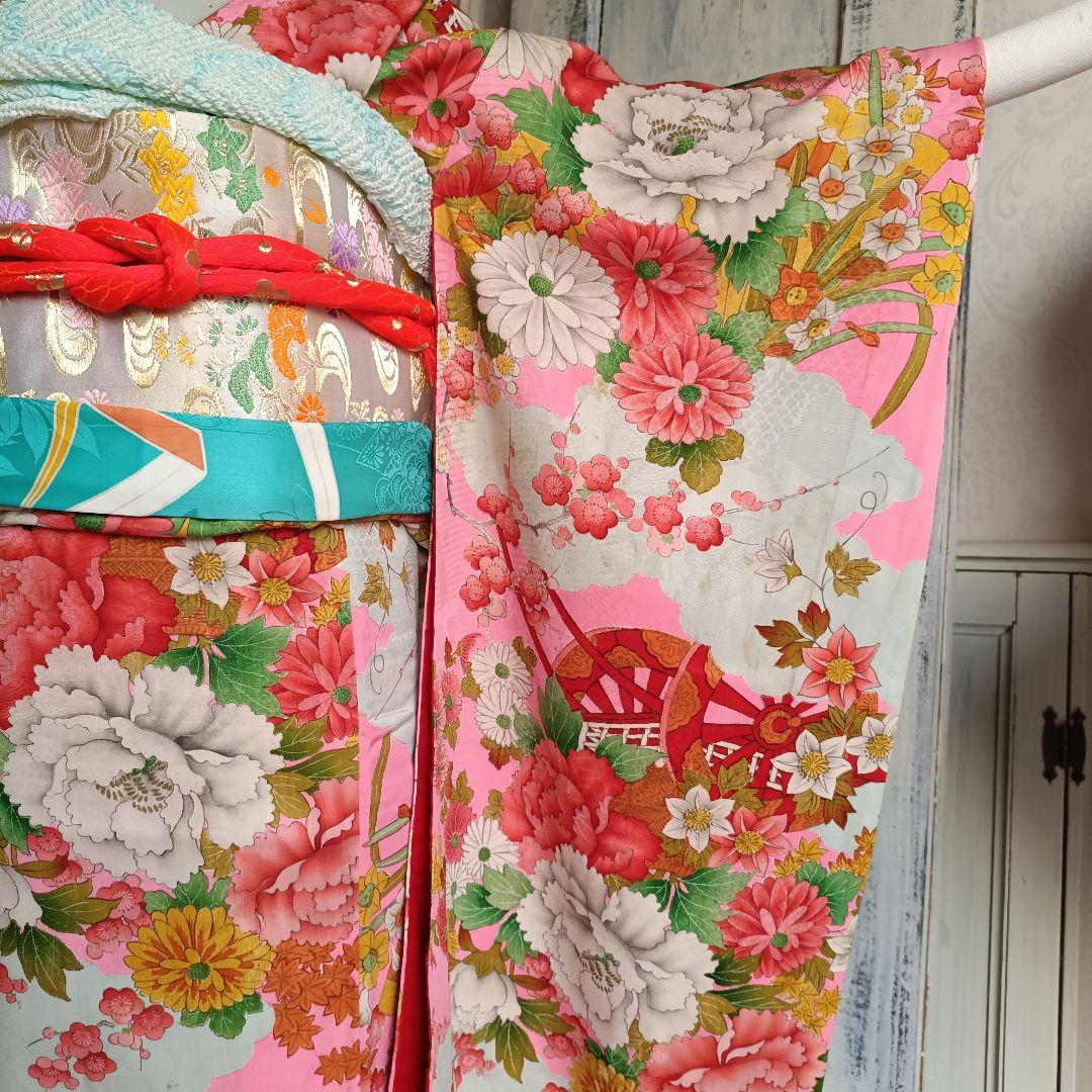 アンティークピンクにくすみブルーの雲取模様の着物と帯フルセット