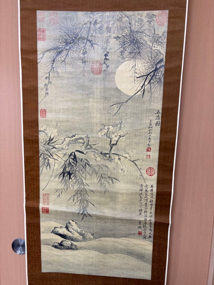 中国　【工芸】　清　惲寿平　五清図　掛け軸　骨董　古玩 165cm × 48cm