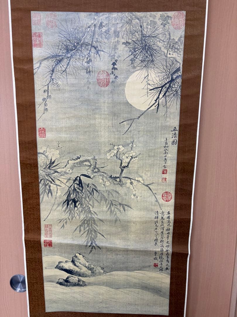 中国　【工芸】　清　惲寿平　五清図　掛け軸　骨董　古玩 165cm × 48cm