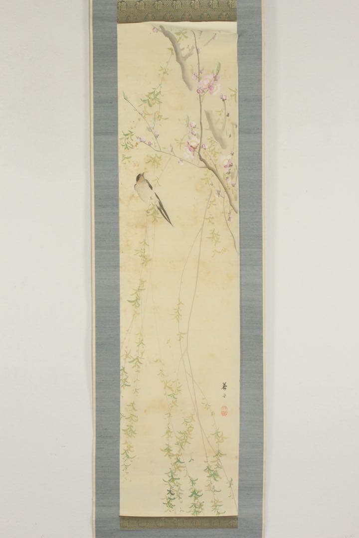 No5755 掛軸　加藤英舟　柳燕之図　絹本着色　合箱　日本画　花鳥　送料無料
