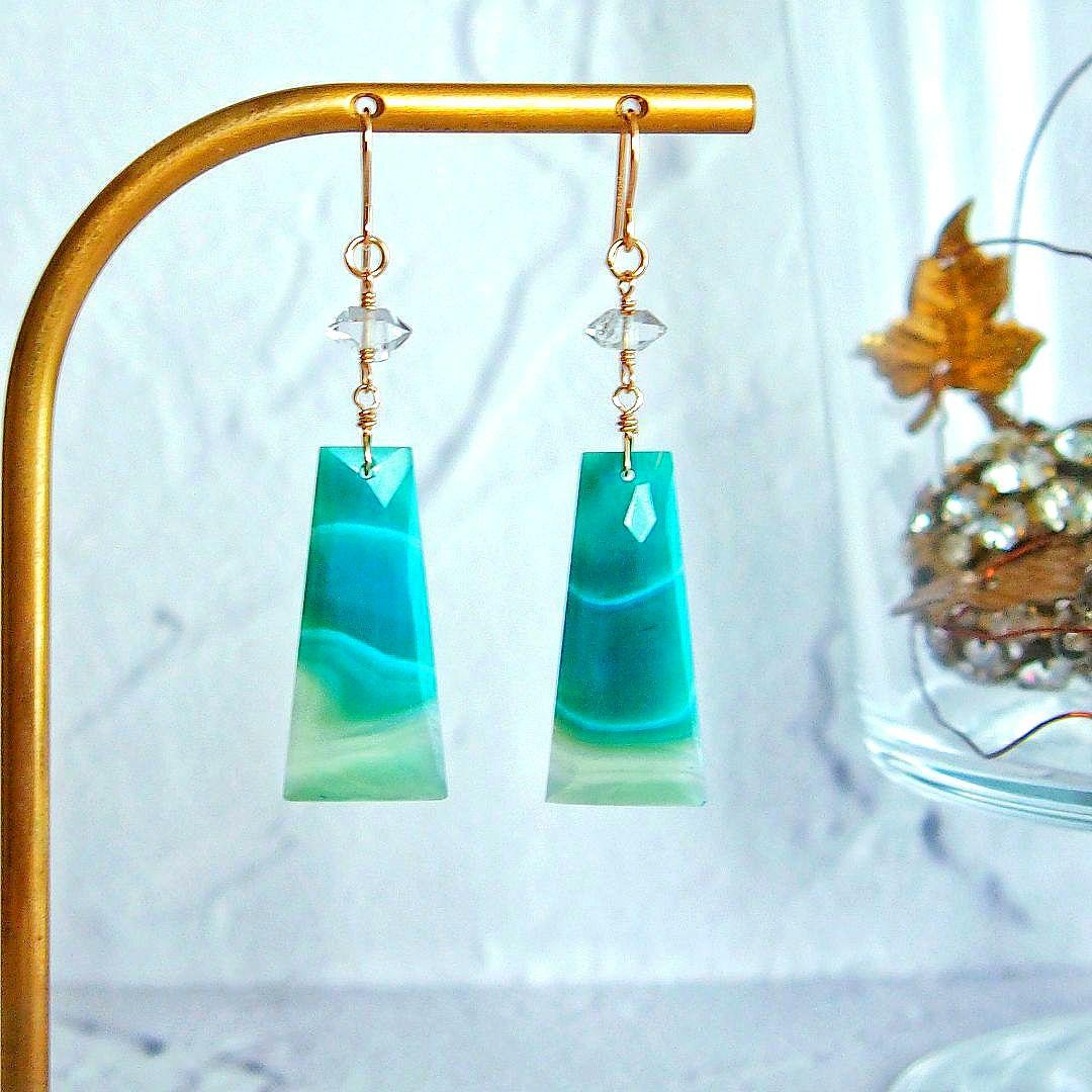 専用　グリーンバンデッドオニキス　ハーキマーダイヤモンド　ピアス　14kgf