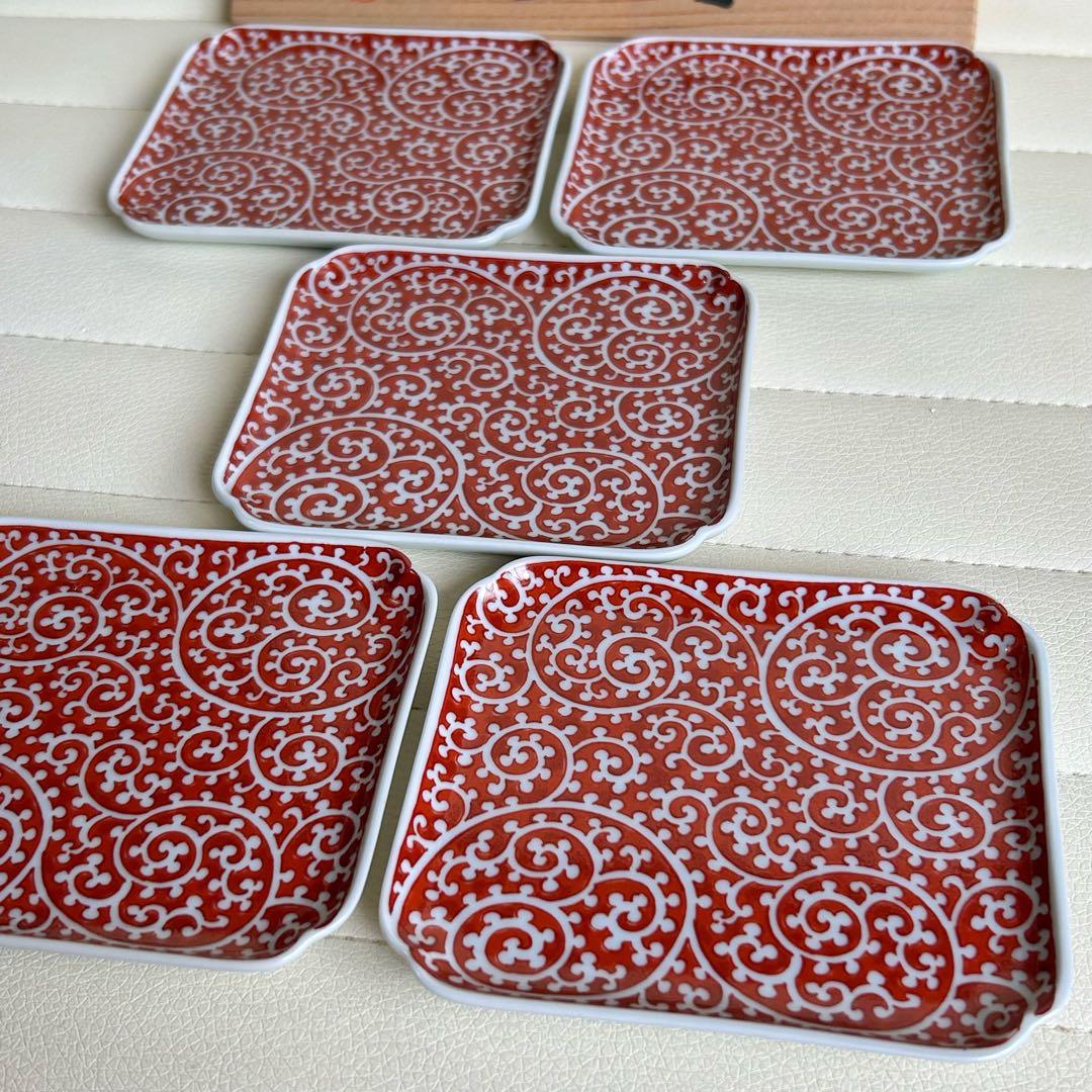 有田焼　幸楽窯　赤絵蛸唐草　銘々皿揃　5枚セット　小皿　角皿　長角皿　古伊万里