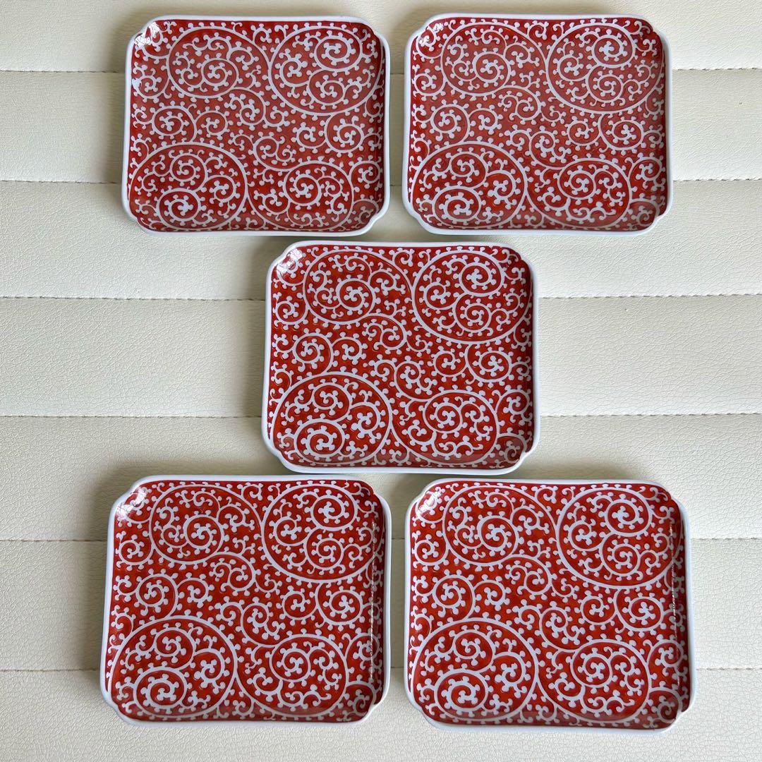 有田焼　幸楽窯　赤絵蛸唐草　銘々皿揃　5枚セット　小皿　角皿　長角皿　古伊万里