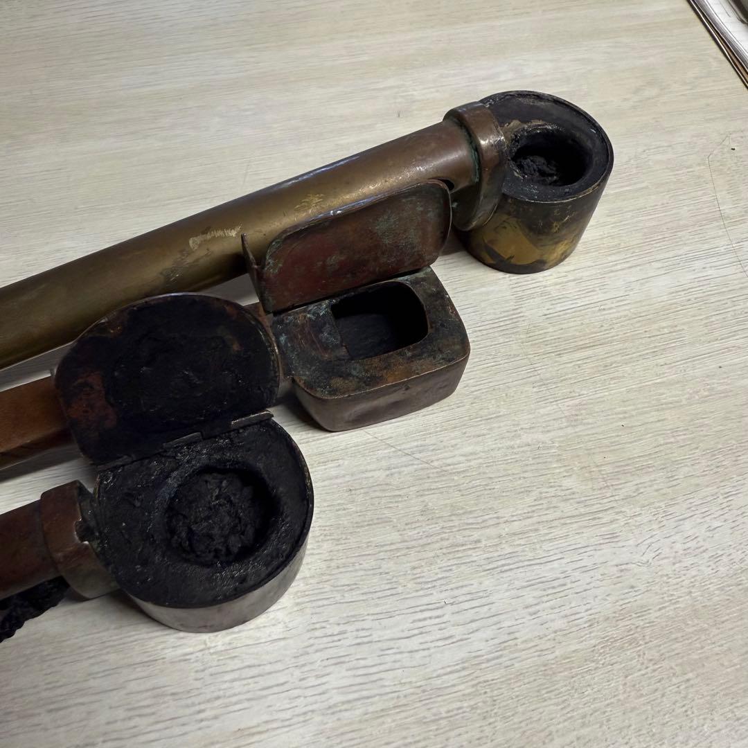 書道具　古銅製 柄杓型 矢立 筆と墨壺一体式 古道具　セード　時代品