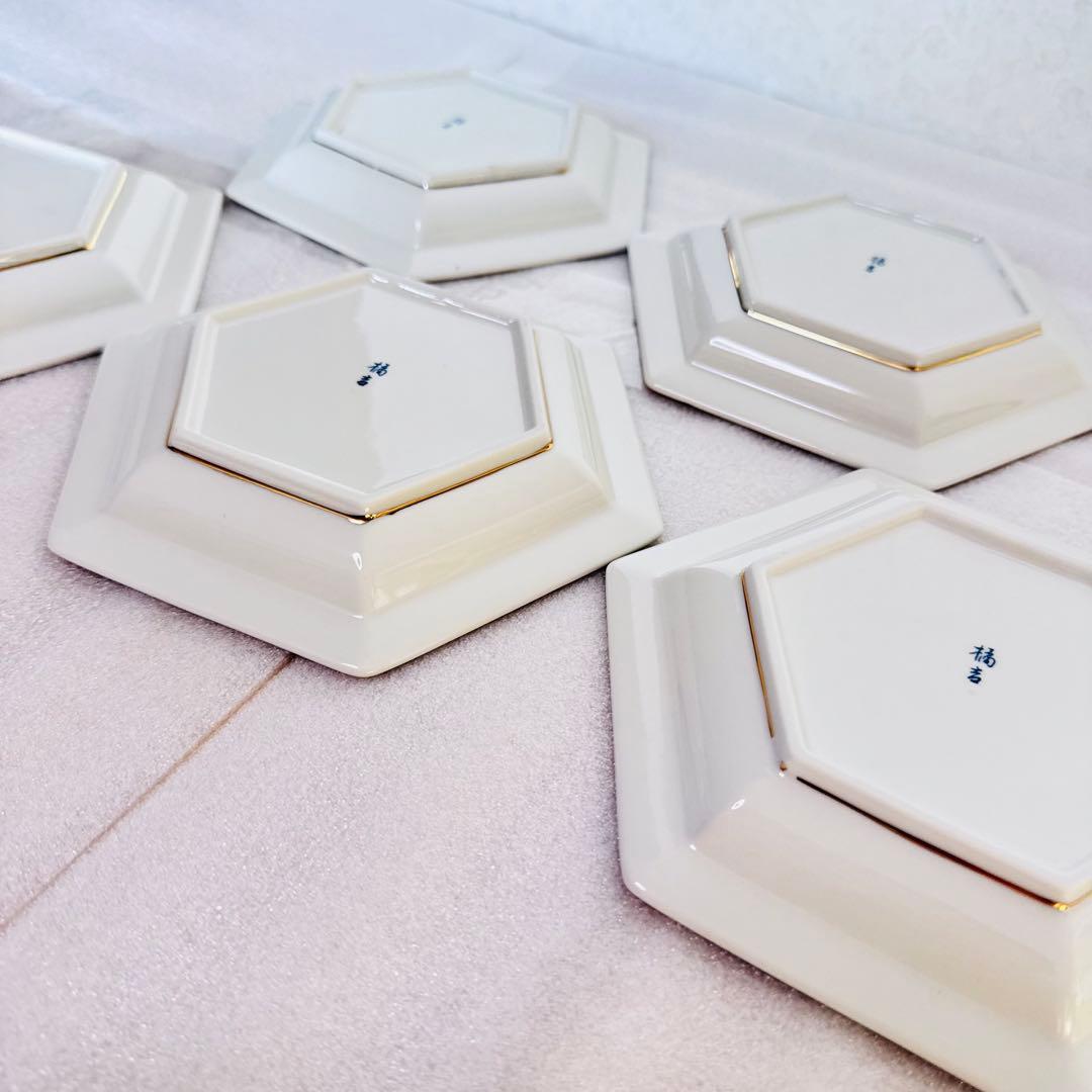 極美品 たち吉 松竹梅 六角皿 5枚 銘々皿 金彩 縁起物 お正月 祝事 伝統美