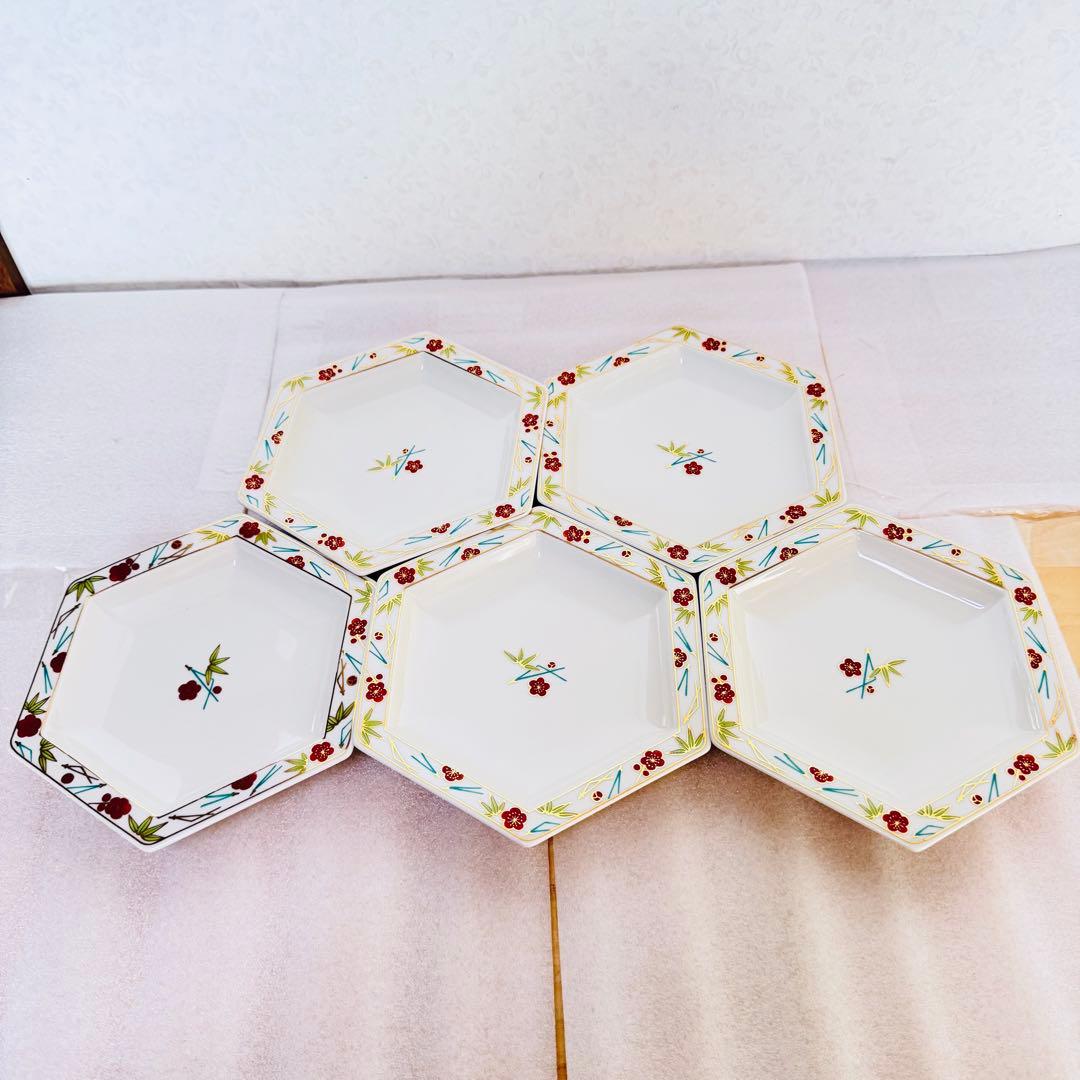 極美品 たち吉 松竹梅 六角皿 5枚 銘々皿 金彩 縁起物 お正月 祝事 伝統美