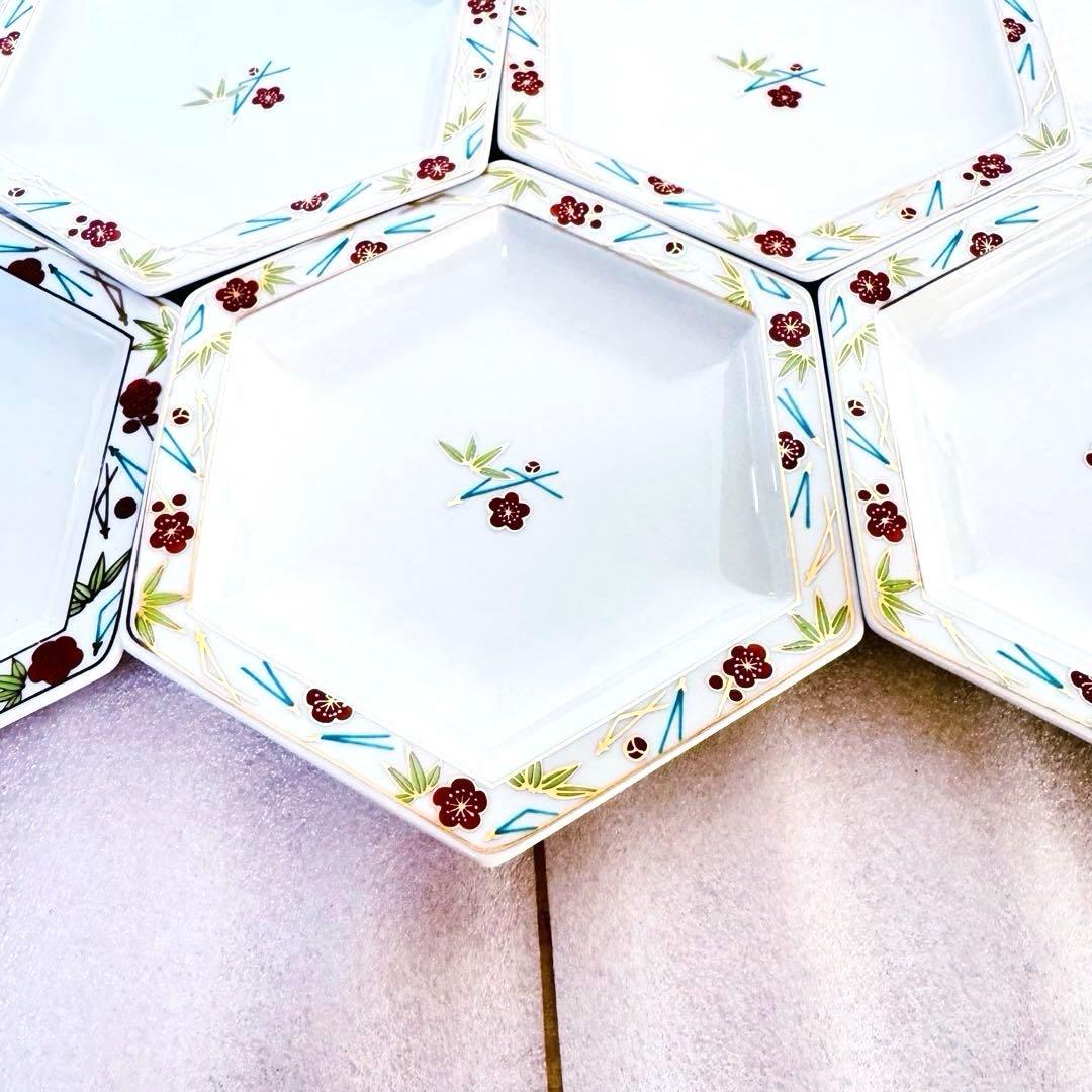 極美品 たち吉 松竹梅 六角皿 5枚 銘々皿 金彩 縁起物 お正月 祝事 伝統美