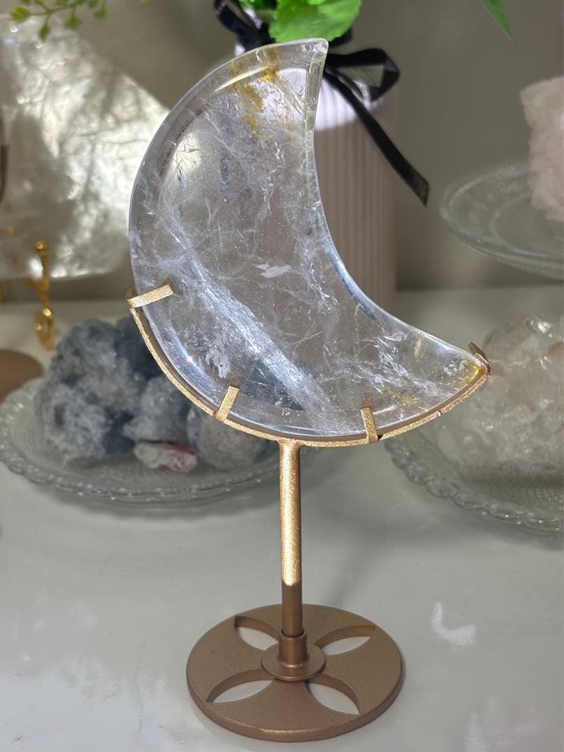 高品質　水晶　クリアクォーツ　ゴールデンヒーラー　共生　月　ムーン　スタンド付き