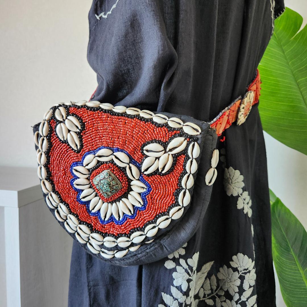 ウェストバッグ 子安貝 宝貝 アンティーク チベタンターコイス エスニック