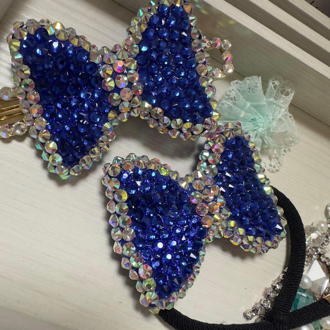 新作★⭐︎ヘアゴム269 キラキラストーン付春の青いリボン可愛い大きめヘアゴム高級