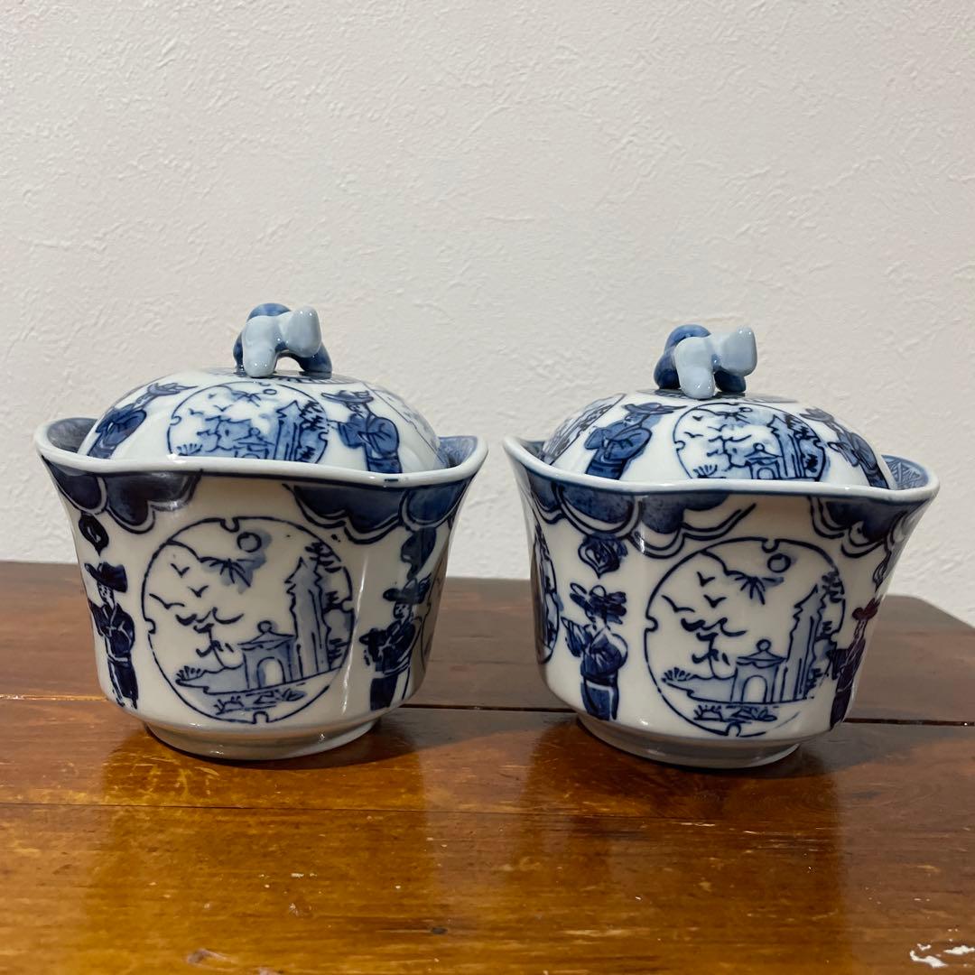【新品・未使用】美濃焼 良峰窯 一閑人 蓋碗 ペア むし碗 煮物碗 古染付 蓋物