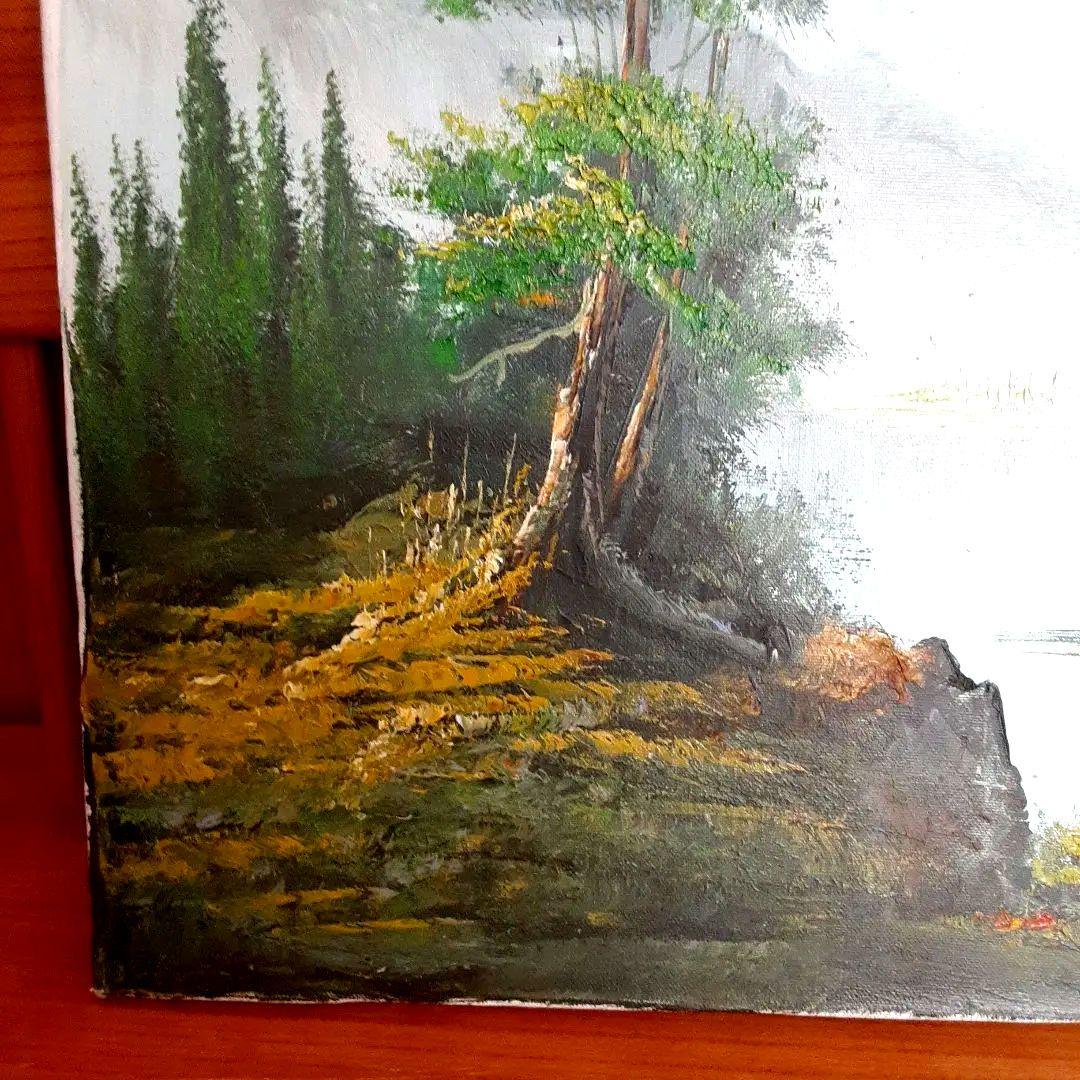 絵画　油彩　木枠付キャンバス　大　風景画　山　湖水
