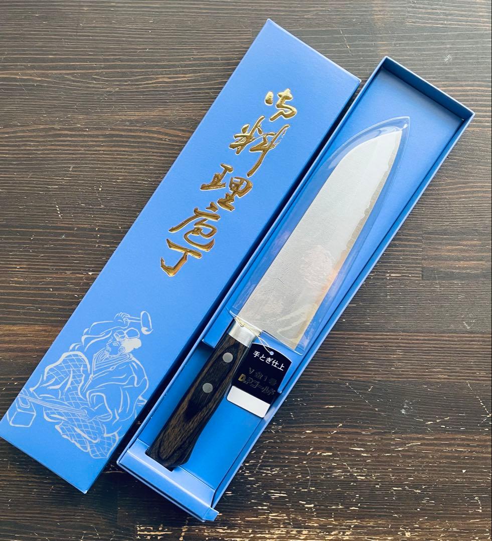 増谷刃物 訓平作 三徳包丁 VG1ステンレス 梨地 口金有 スコッチ柄