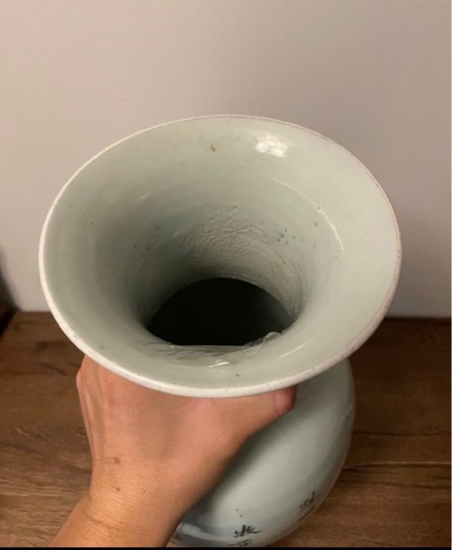 中国古美術 清末民国時代　豆青釉浅降彩大花瓶42cm　漁樵耕読