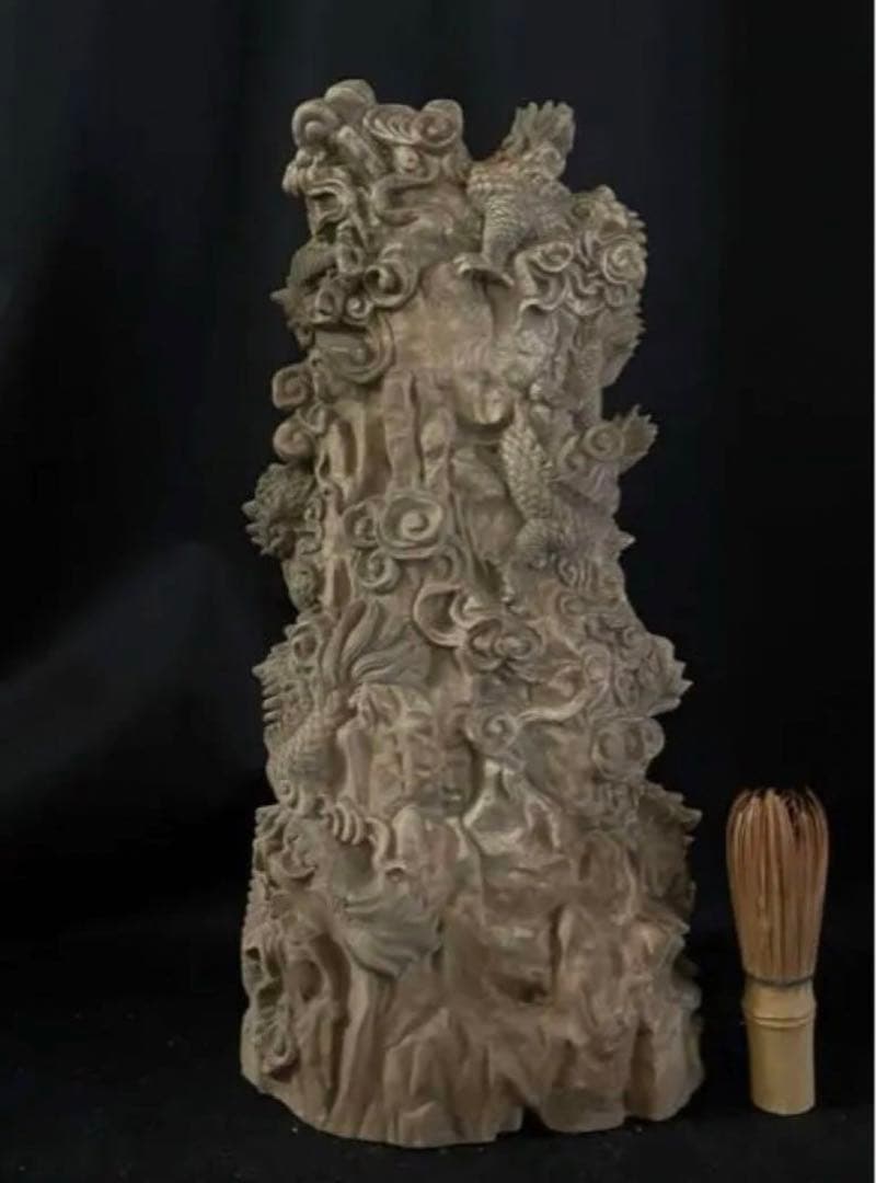 大型　高37cm 仏教工芸品　総楠製　井波彫刻　一刀彫　極上彫　九龍観音菩薩立像