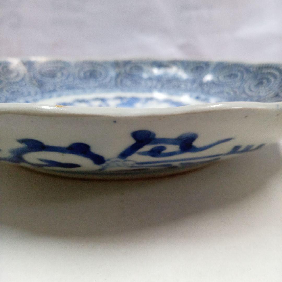 古伊万里　 染付、蛸唐草分皿 大明成化年製