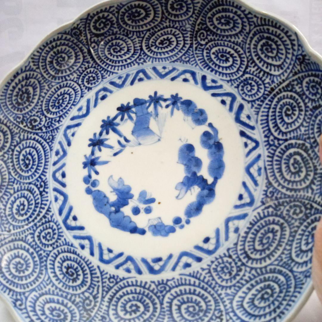 古伊万里　 染付、蛸唐草分皿 大明成化年製