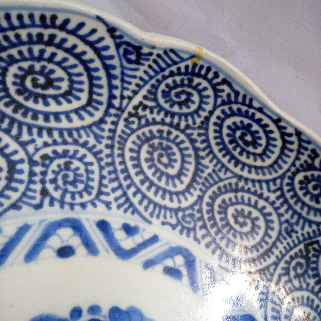 古伊万里　 染付、蛸唐草分皿 大明成化年製