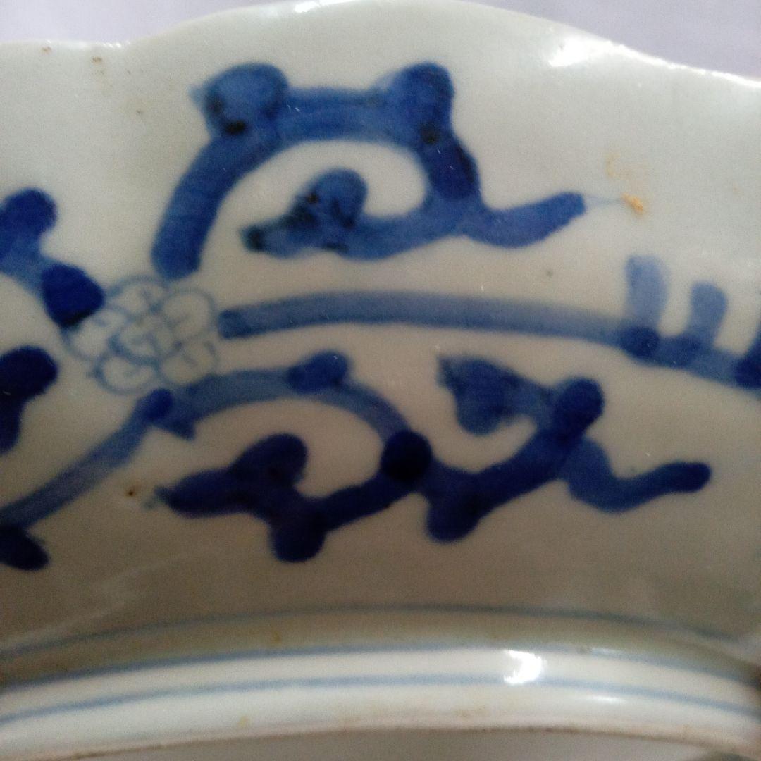 古伊万里　 染付、蛸唐草分皿 大明成化年製