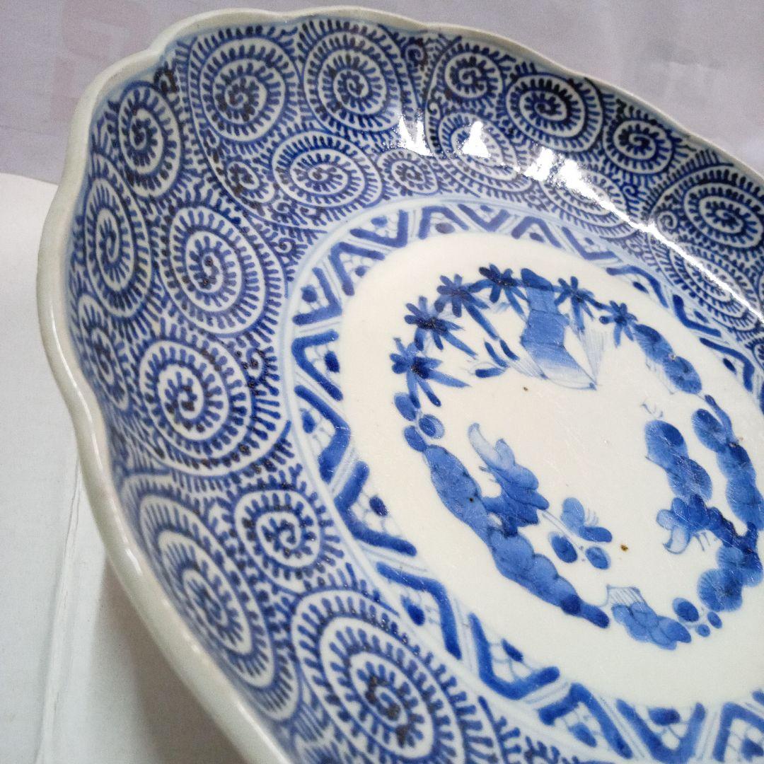 古伊万里　 染付、蛸唐草分皿 大明成化年製