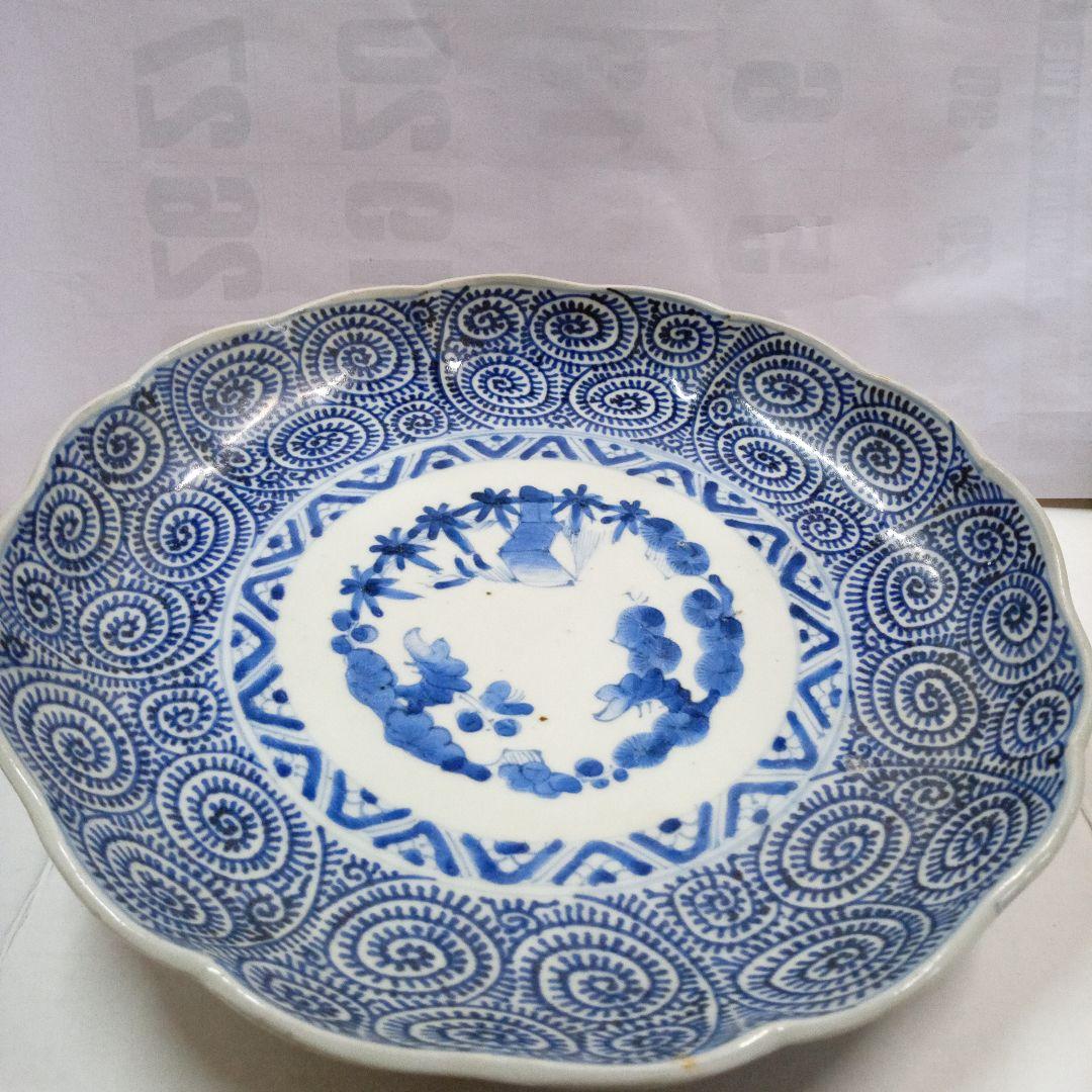 古伊万里　 染付、蛸唐草分皿 大明成化年製