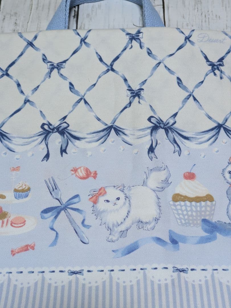 オーダー　濃い水色　メルヘン猫　ねこ　給食袋　体操着袋　レッスンバッグ　靴袋