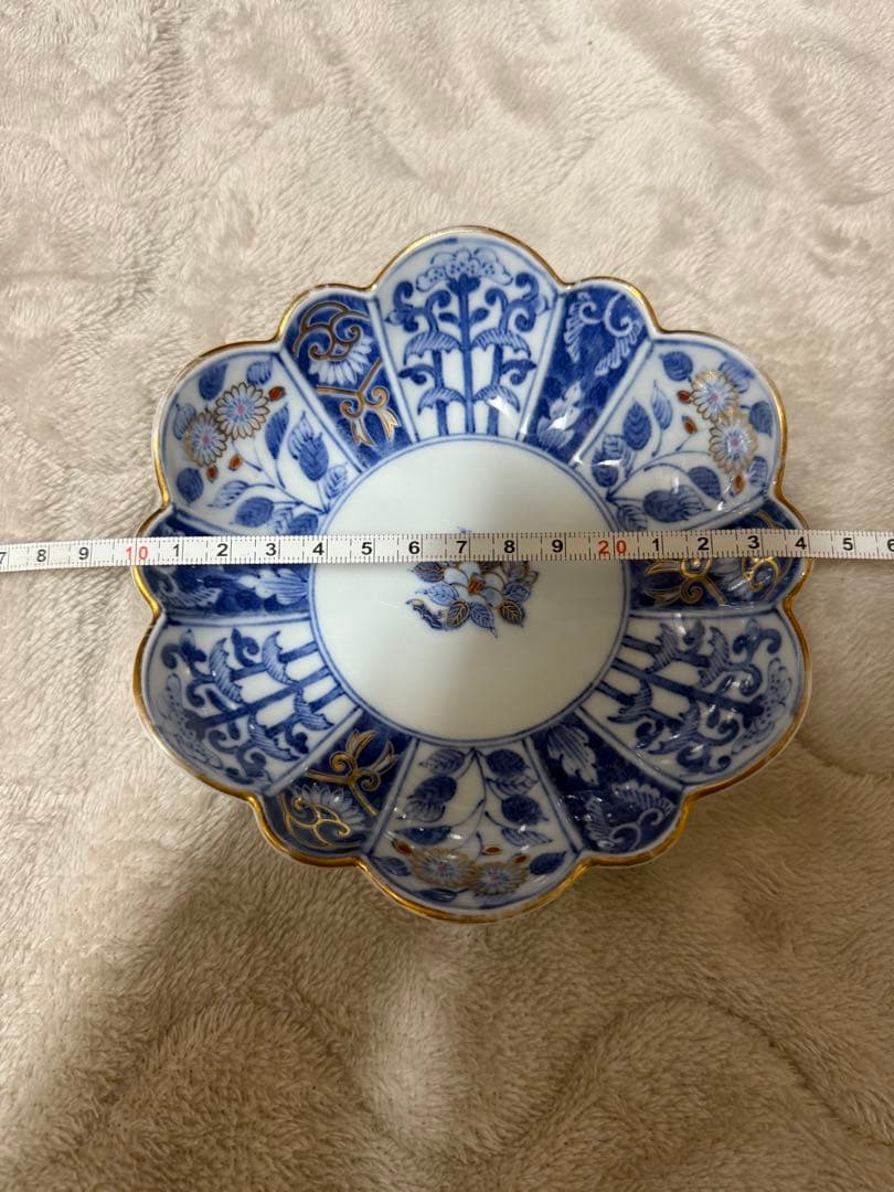 有田焼　菊割銘々皿揃　5枚セット　古伊万里　染付花紋　金彩　取り皿