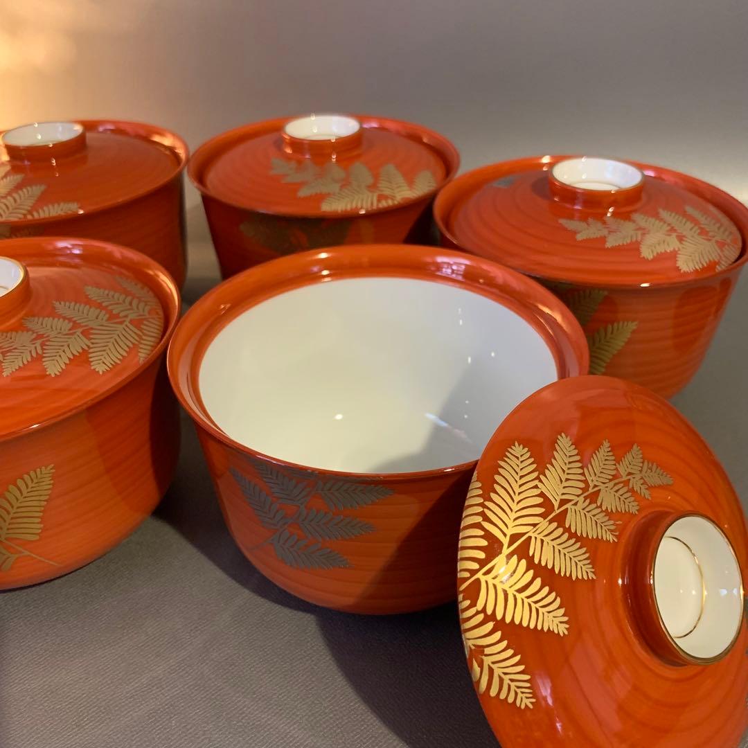 N318、朱巻金と銀彩柄 蓋付き椀 蒸し椀 煮物椀 雑煮椀 汁椀 5客