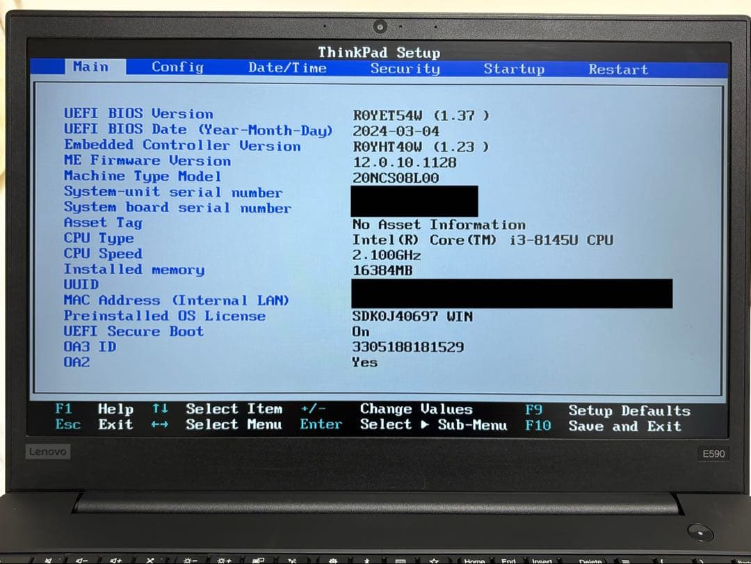 Windowsノート本体 ThinkPad E590 (i3/16GB/128GB+1TB/FHD)