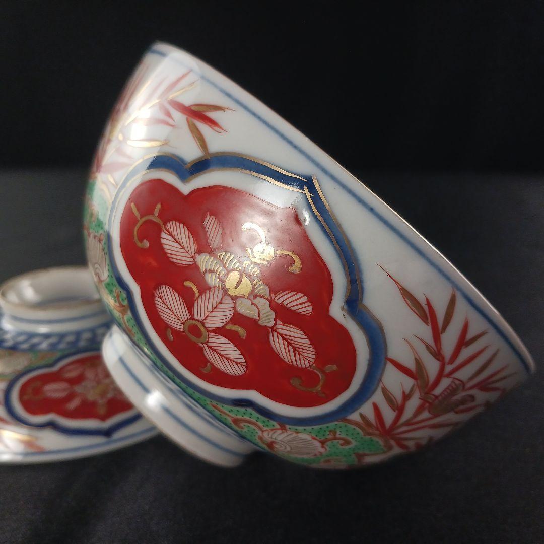 Y2795-1 伊万里 染錦 窓絵 蓋茶碗 9客 共箱