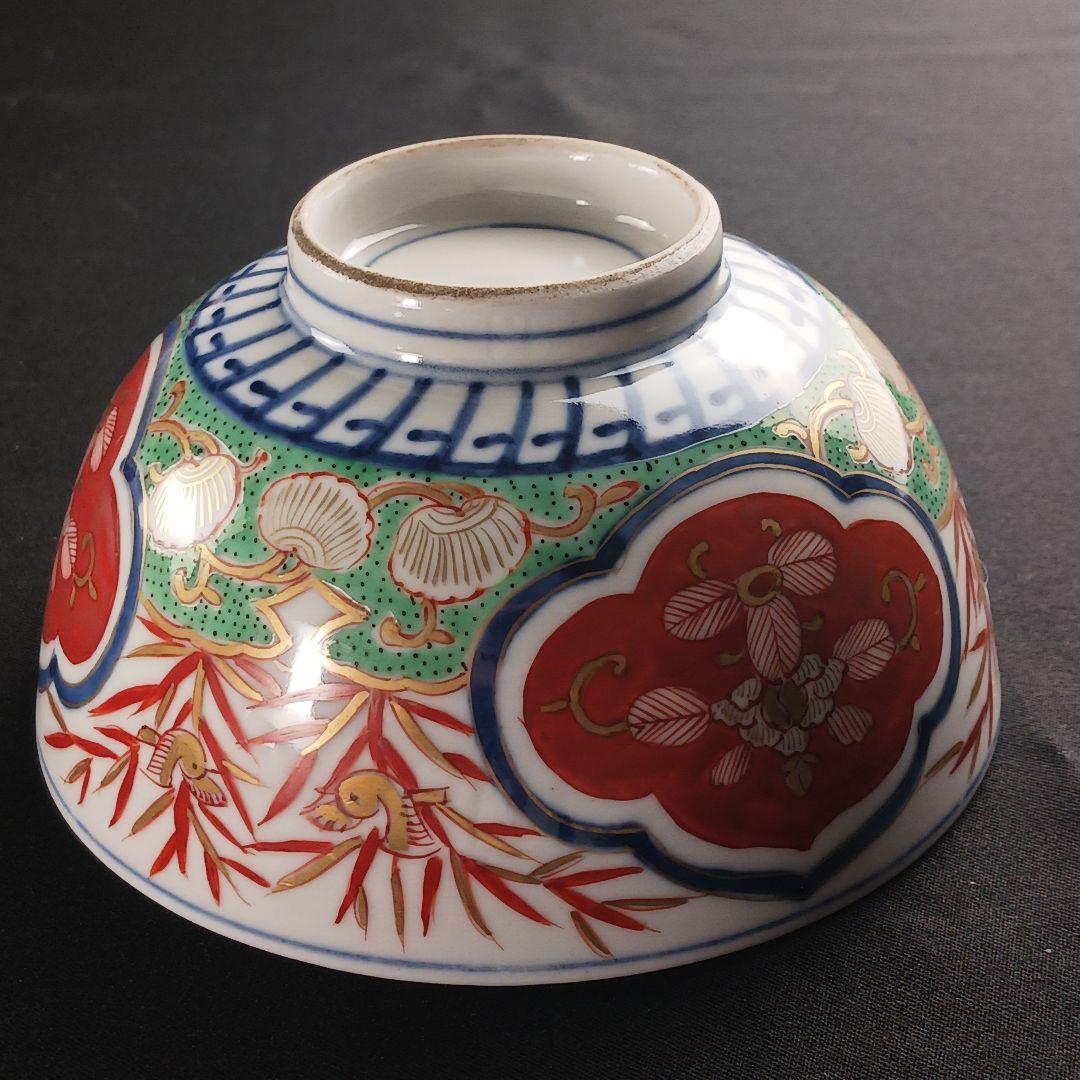 Y2795-1 伊万里 染錦 窓絵 蓋茶碗 9客 共箱