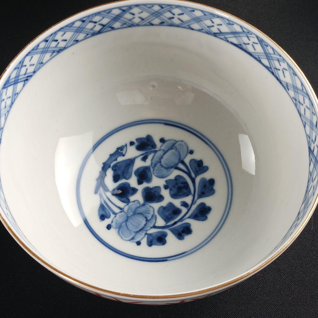 Y2795-1 伊万里 染錦 窓絵 蓋茶碗 9客 共箱