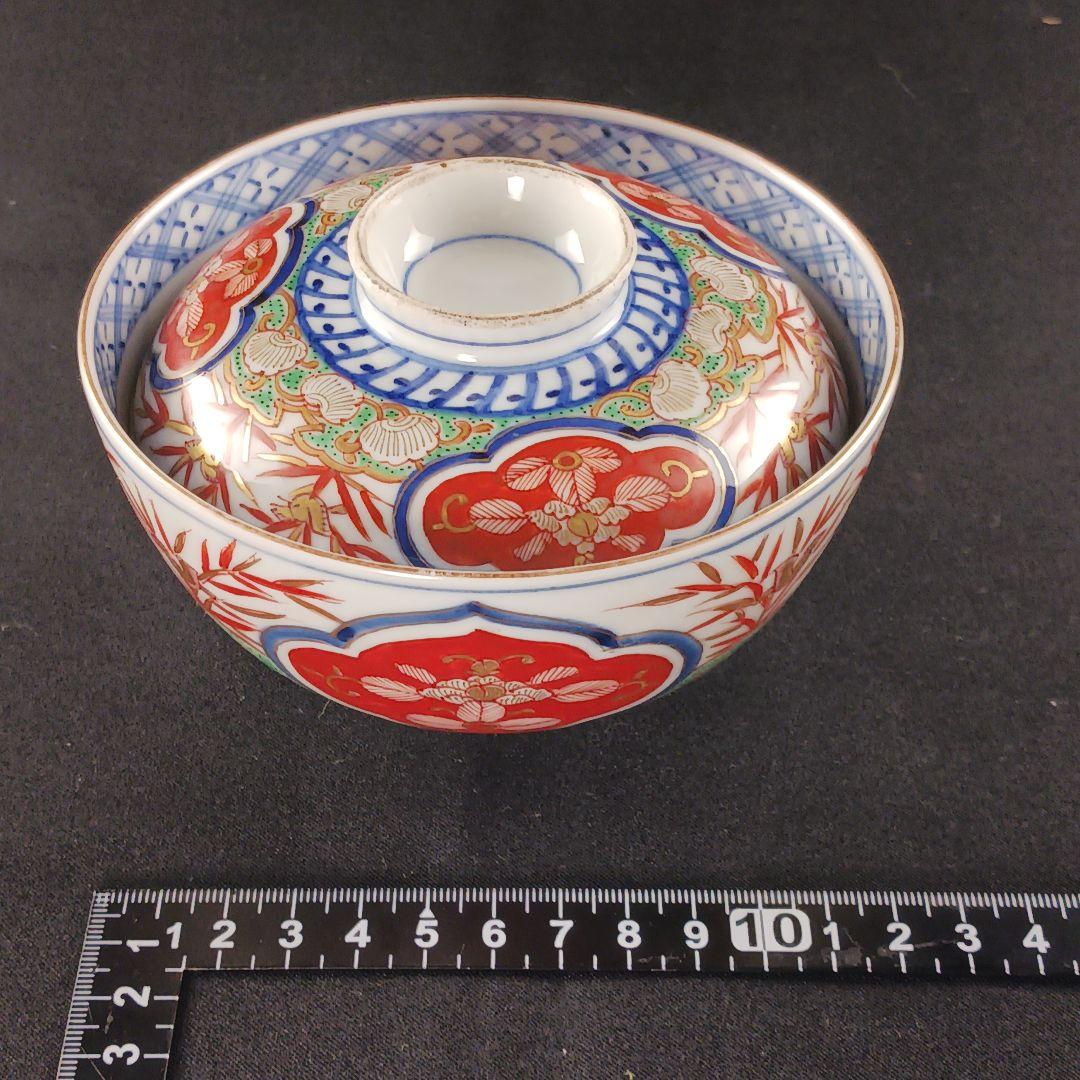 Y2795-1 伊万里 染錦 窓絵 蓋茶碗 9客 共箱