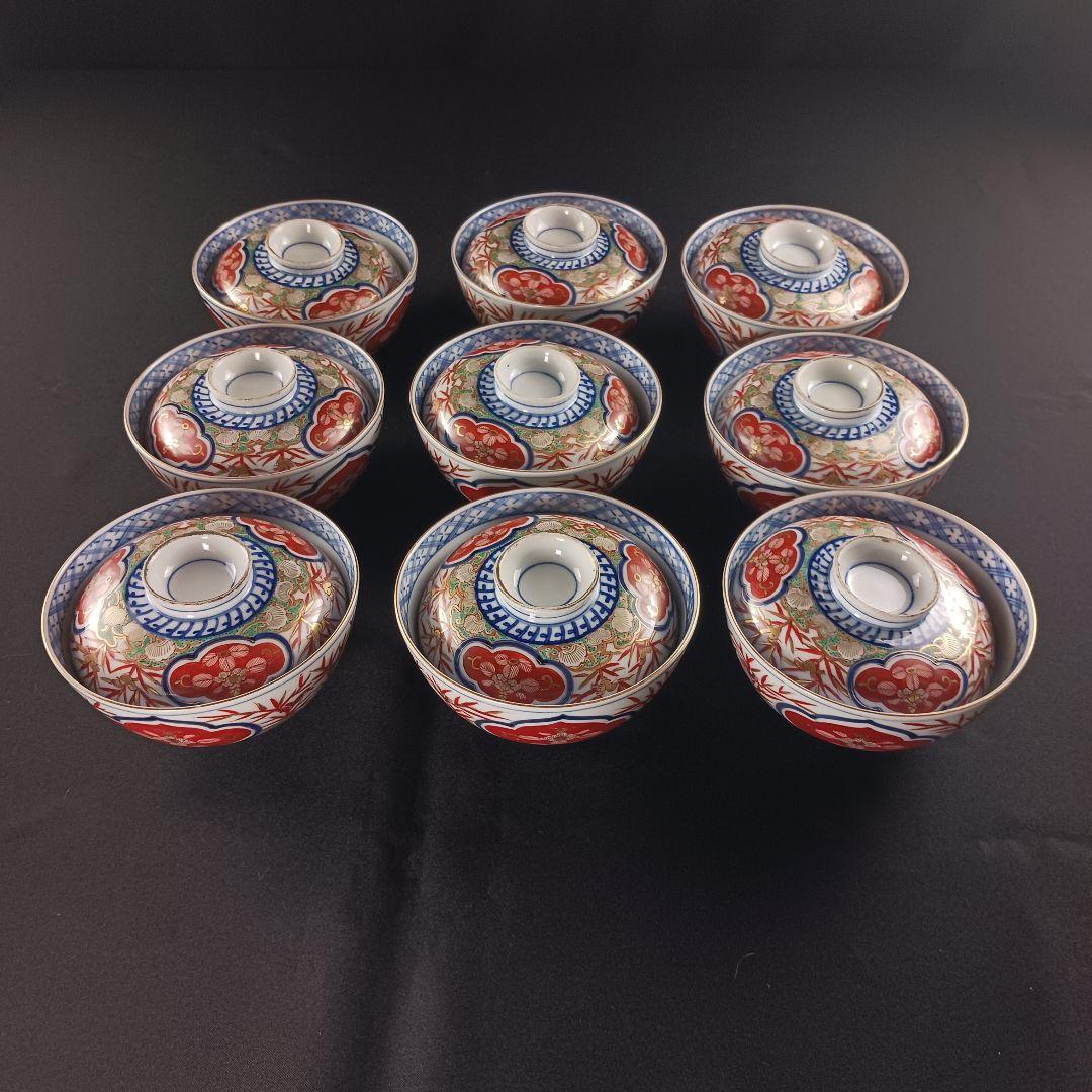 Y2795-1 伊万里 染錦 窓絵 蓋茶碗 9客 共箱
