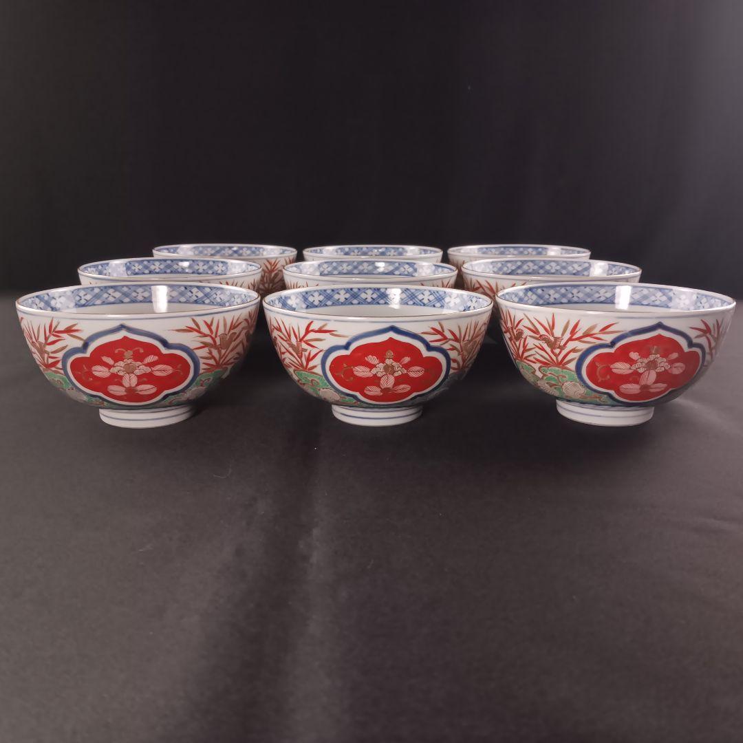 Y2795-1 伊万里 染錦 窓絵 蓋茶碗 9客 共箱