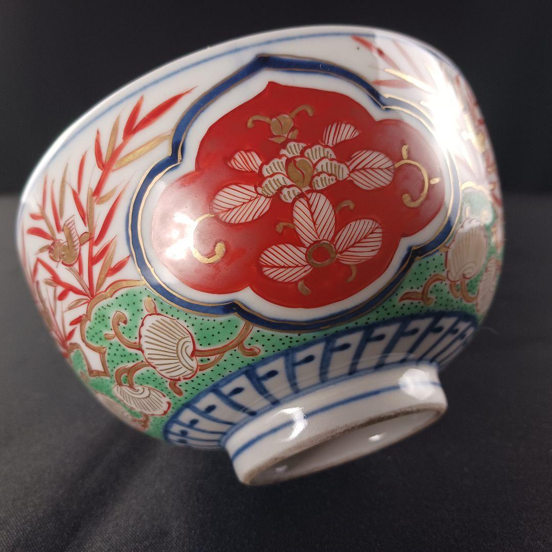 Y2795-1 伊万里 染錦 窓絵 蓋茶碗 9客 共箱