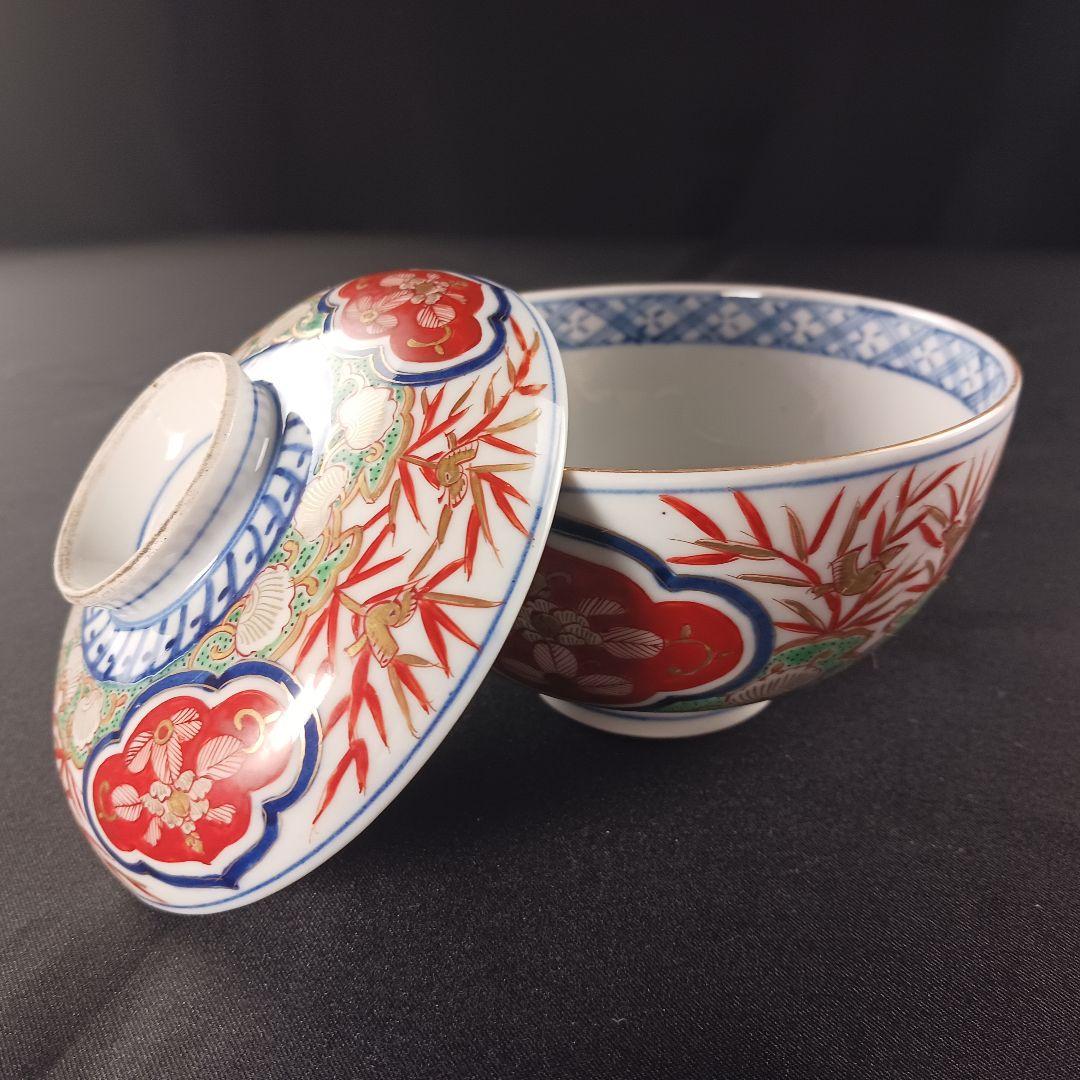 Y2795-1 伊万里 染錦 窓絵 蓋茶碗 9客 共箱