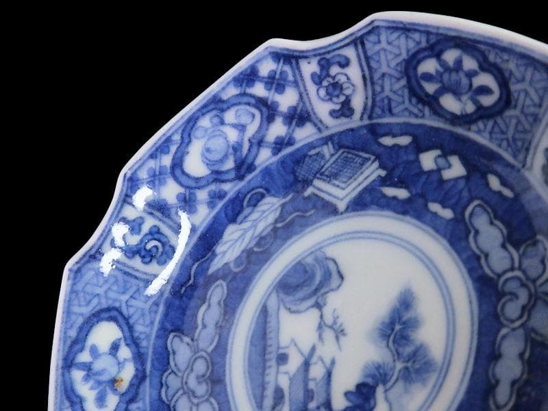 古伊万里　染付　吉祥紋に山村の図　六角豆皿　AS-DBe