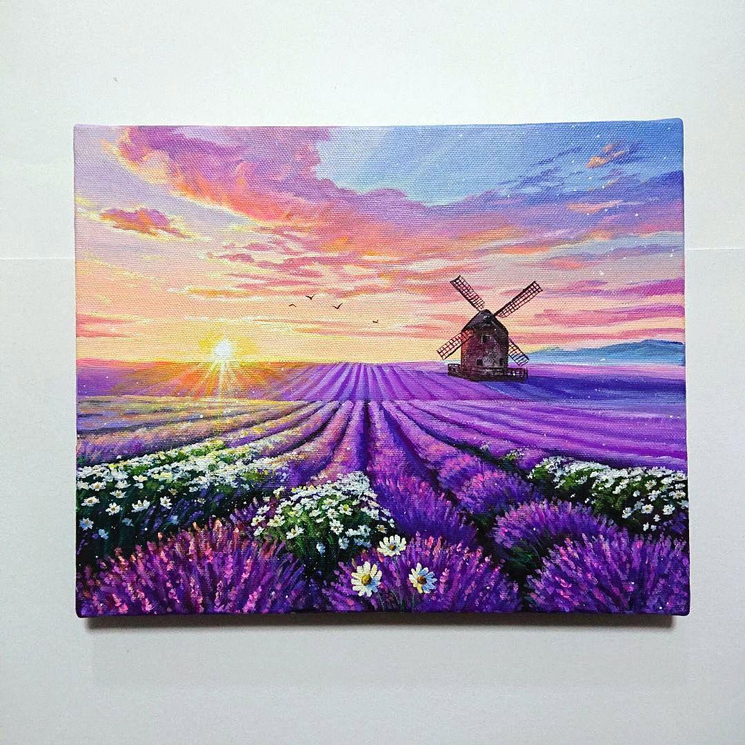 【夕焼けラベンダー】アクリル画 F3 風景画 絵画