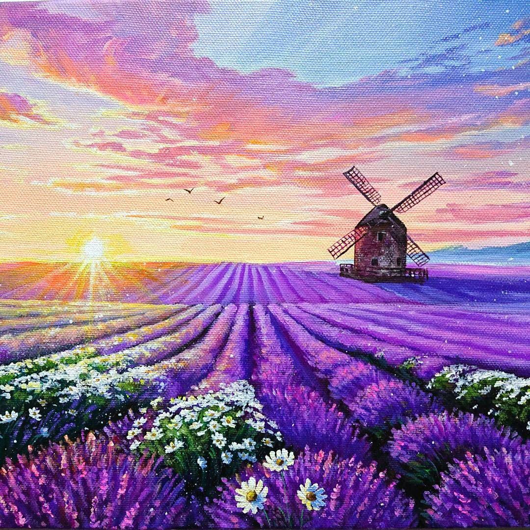 【夕焼けラベンダー】アクリル画 F3 風景画 絵画