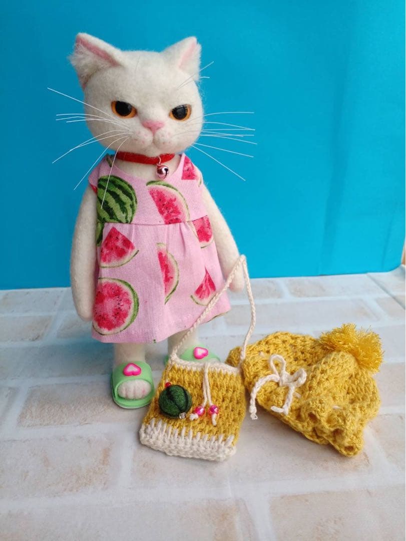 ハンドメイド★羊毛フェルト　夏　スイカ　猫　ネコ