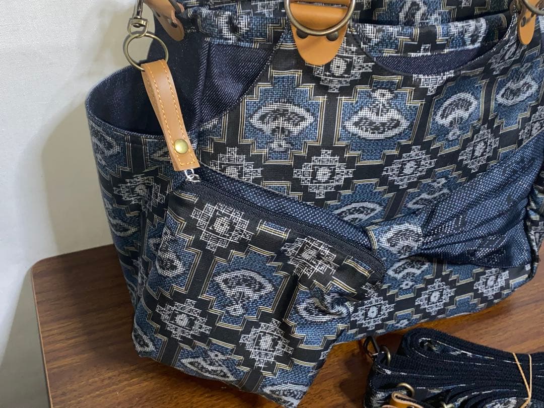 大島紬&岡山デニム☆Mサイズ☆4way♪あおりバッグ☆ポーチ付き