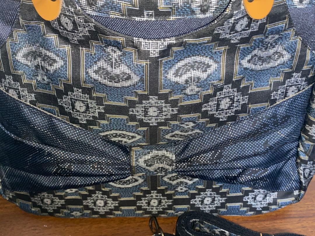 大島紬&岡山デニム☆Mサイズ☆4way♪あおりバッグ☆ポーチ付き