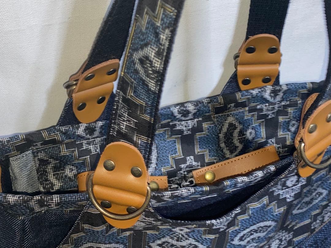 大島紬&岡山デニム☆Mサイズ☆4way♪あおりバッグ☆ポーチ付き