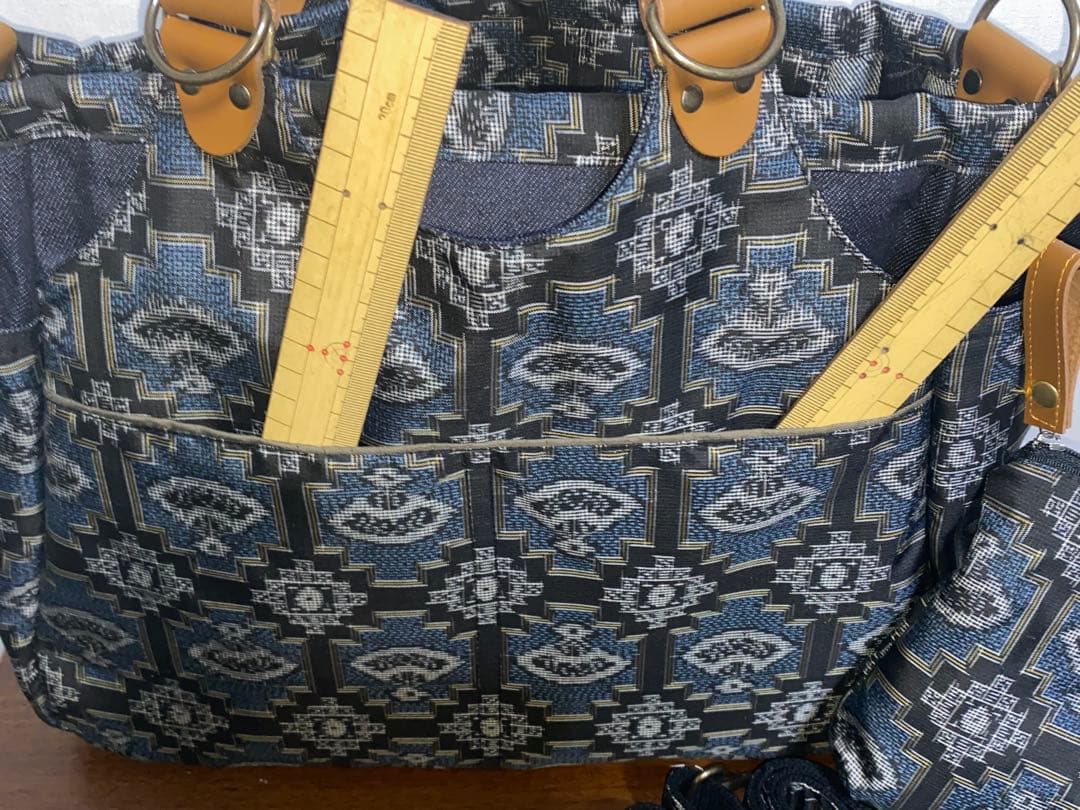 大島紬&岡山デニム☆Mサイズ☆4way♪あおりバッグ☆ポーチ付き