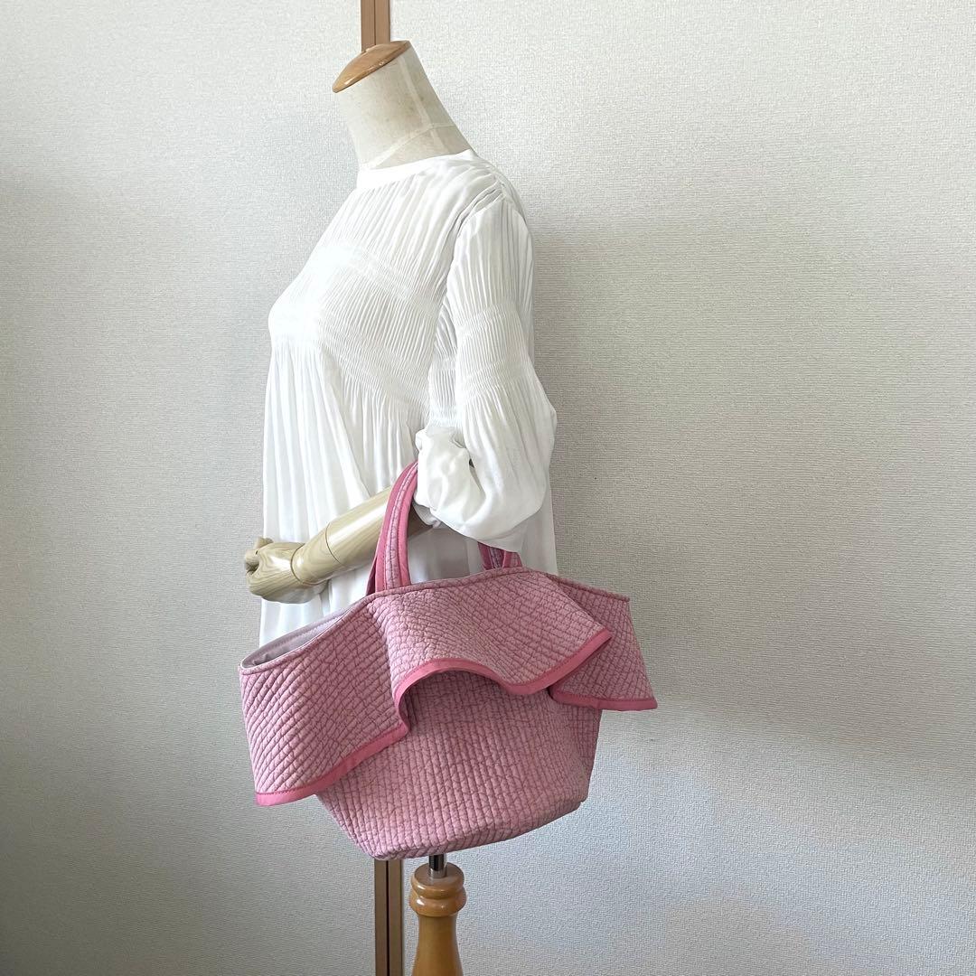フレアフリル付き丸底マルシェバッグ　ヌビバッグ　ピンク　ハンドメイド