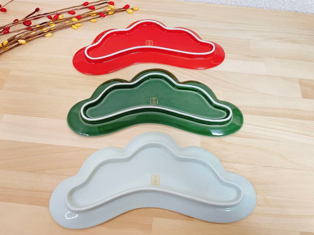 さるいぬきじご依頼品　幸楽窯　松葉形前菜皿　緑金　赤金　白金　5点セット