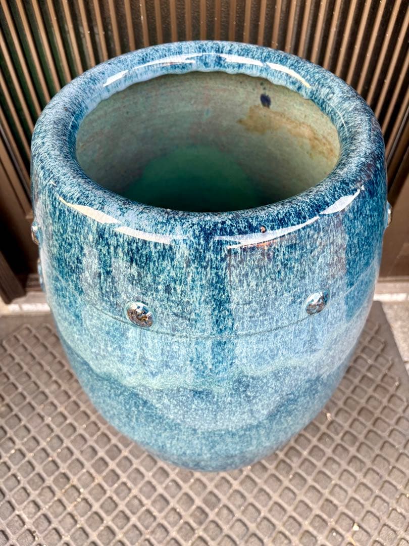 海鼠釉耳付き縦長火鉢 【傘立て、インテリア飾り、メダカ鉢、金魚鉢】