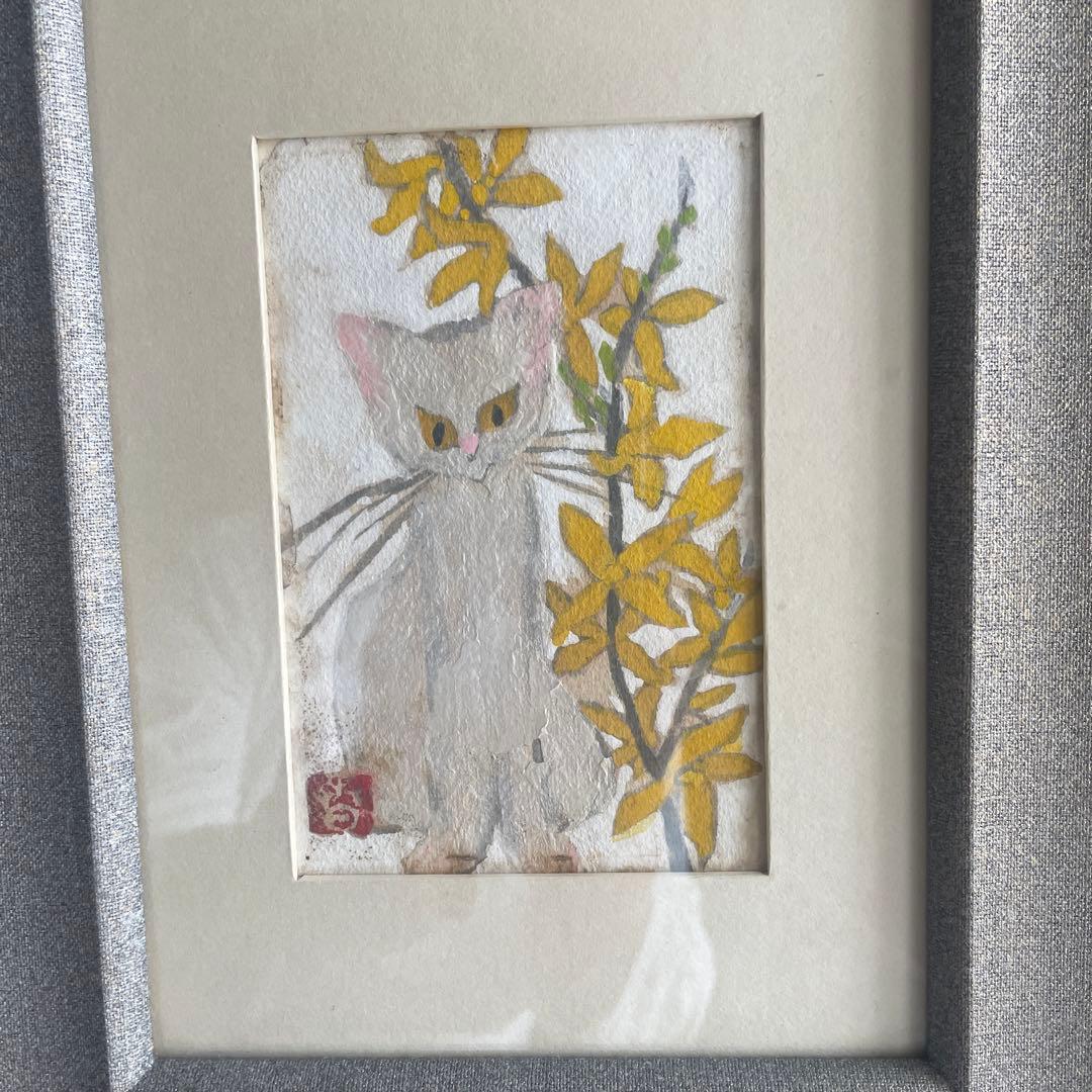 白猫と花の日本画