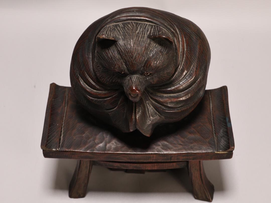 BK436　時代物　木彫　狸和尚 置物　高約26cm　昔話　分福茶釜